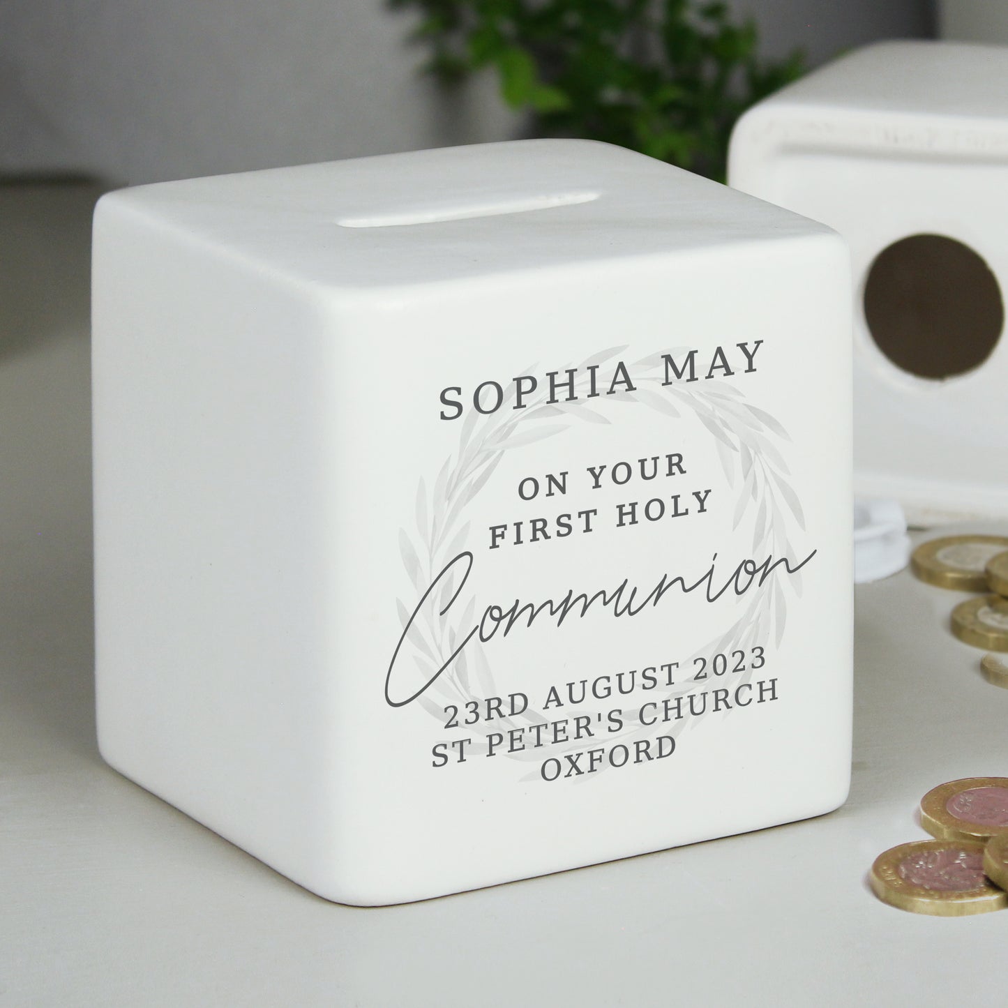 Personalised First Holy Communion Wreath Ceramic Square Money Box