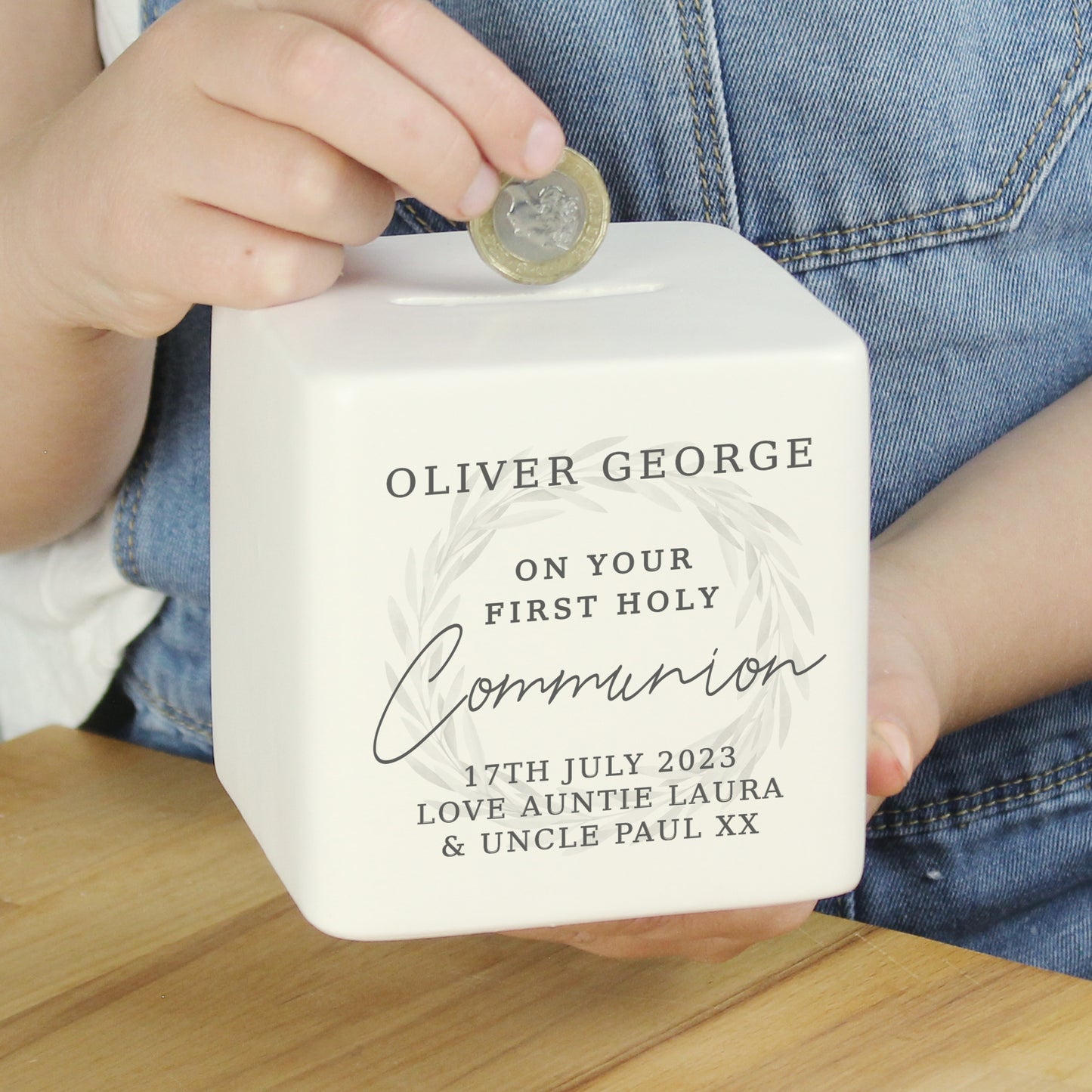 Personalised First Holy Communion Wreath Ceramic Square Money Box