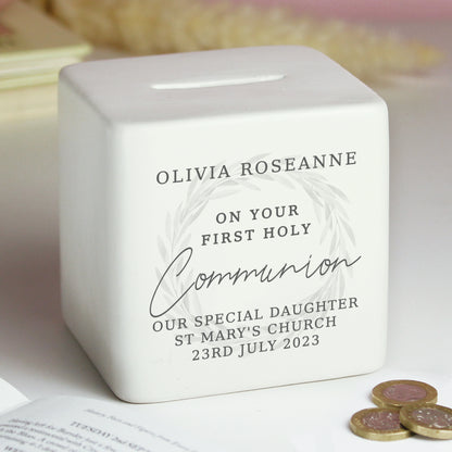 Personalised First Holy Communion Wreath Ceramic Square Money Box