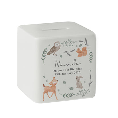 Personalised Woodland Animals Ceramic Square Money Box