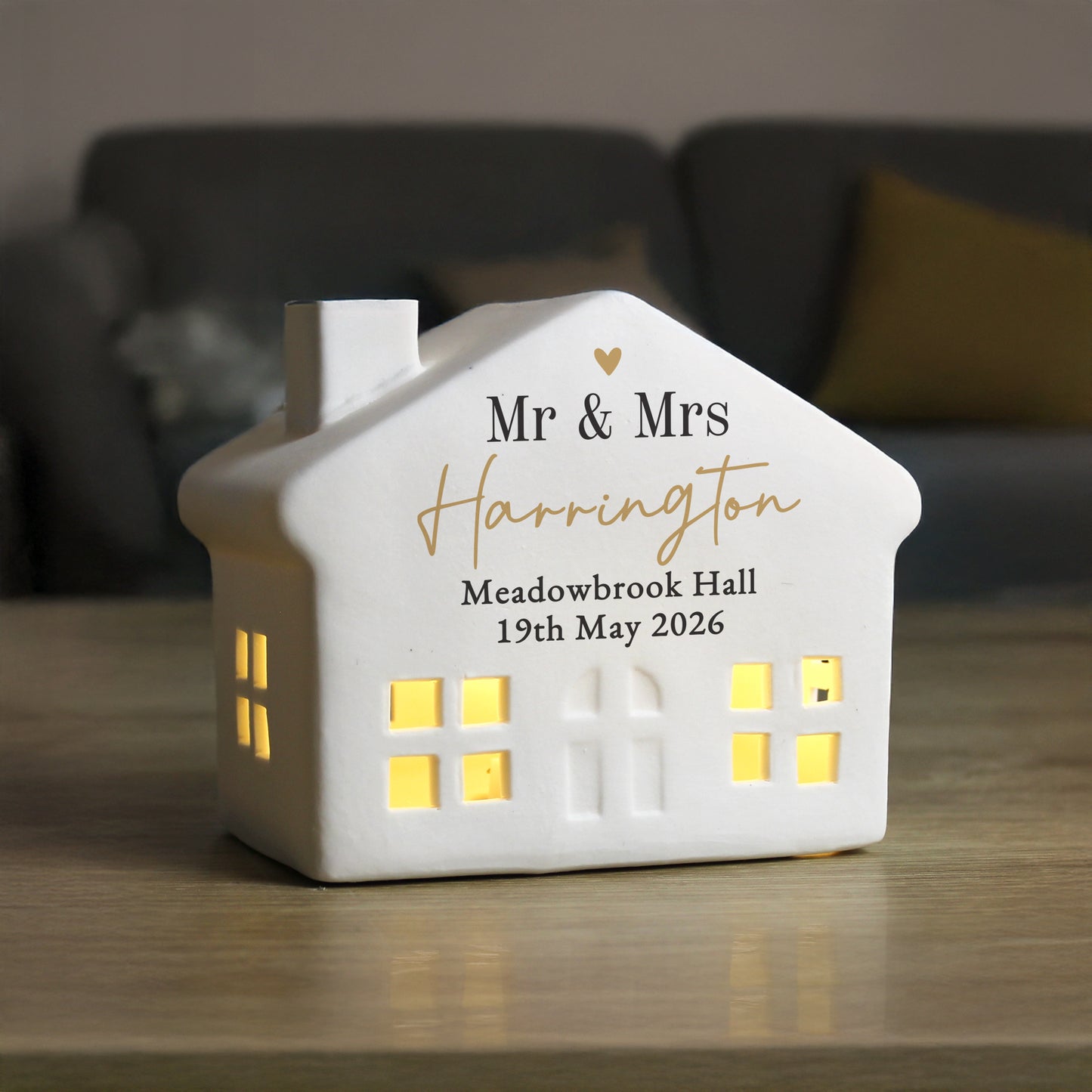 Personalised Black & Gold Free Text Ceramic LED House