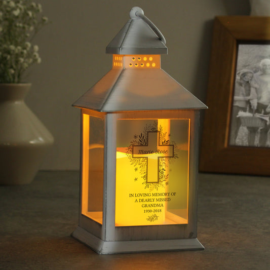 Personalised Floral Cross White Lantern