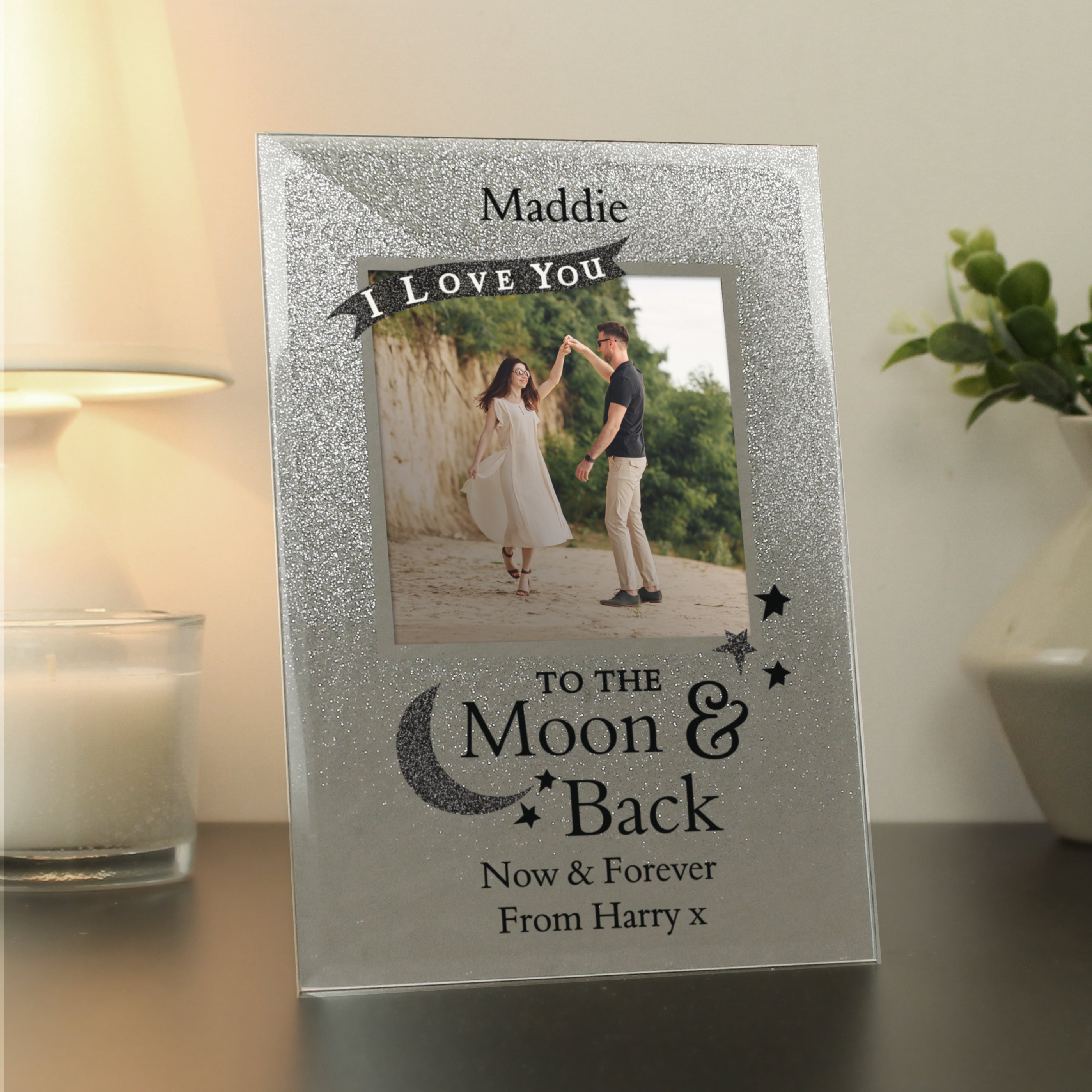 Personalised To the Moon and Back 4x4 Glitter Glass Photo Frame