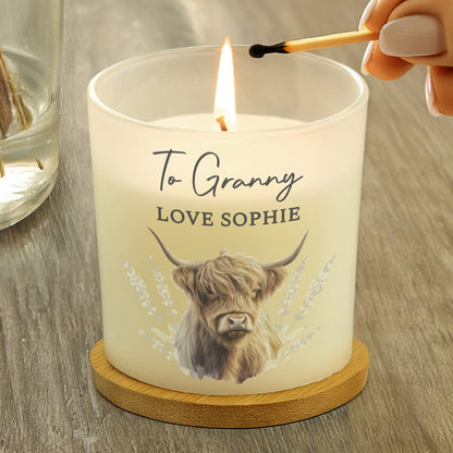 Personalised Highland Cow Frosted Glass Candle