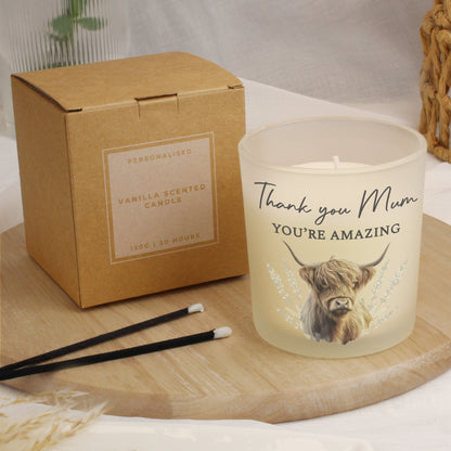 Personalised Highland Cow Frosted Glass Candle