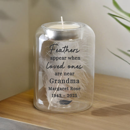 Personalised Loved Ones Memorial Feather Tealight Holder