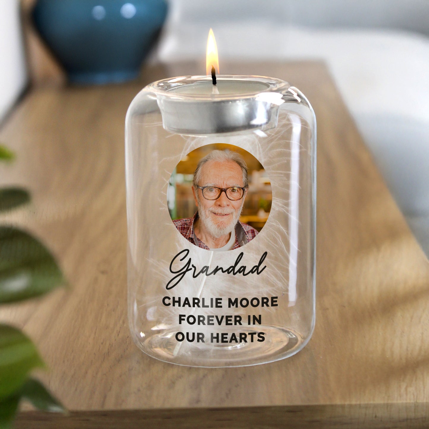 Personalised Photo Upload Memorial Feather Tealight Holder