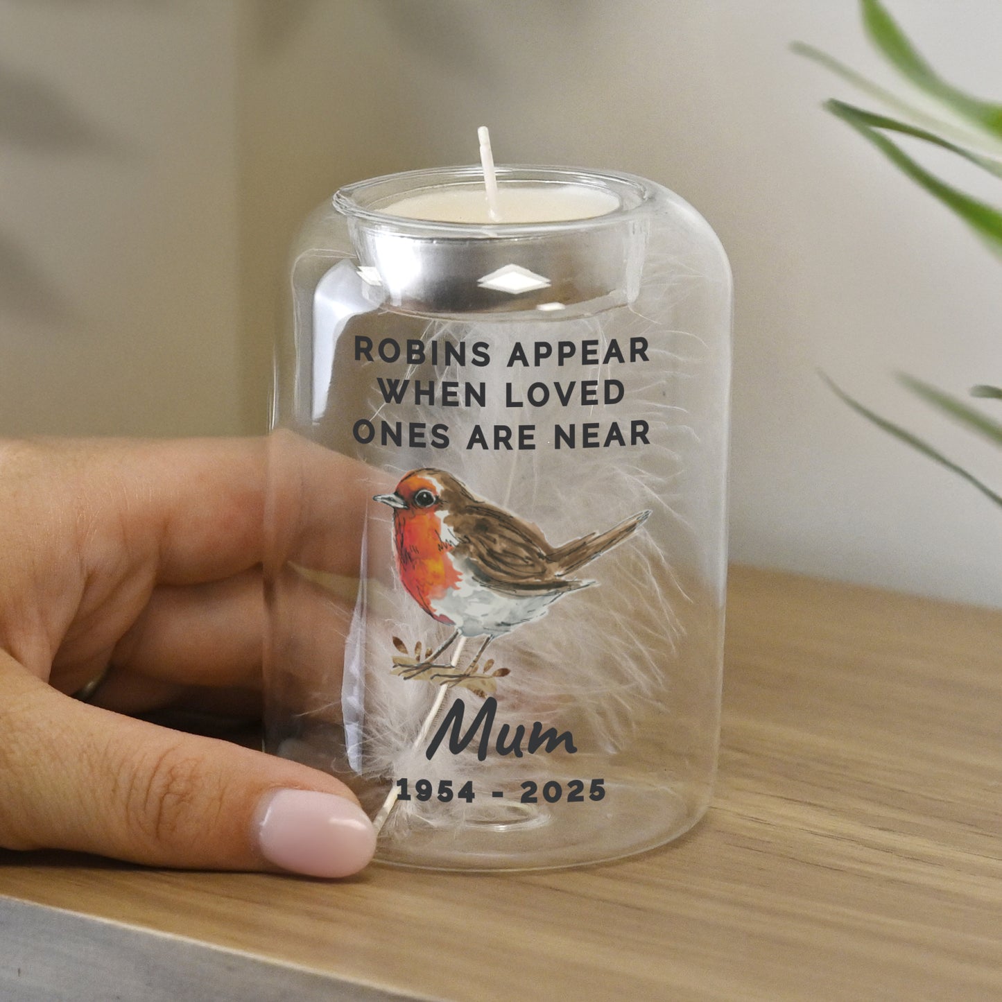 Personalised Robin Memorial Feather Tealight Holder