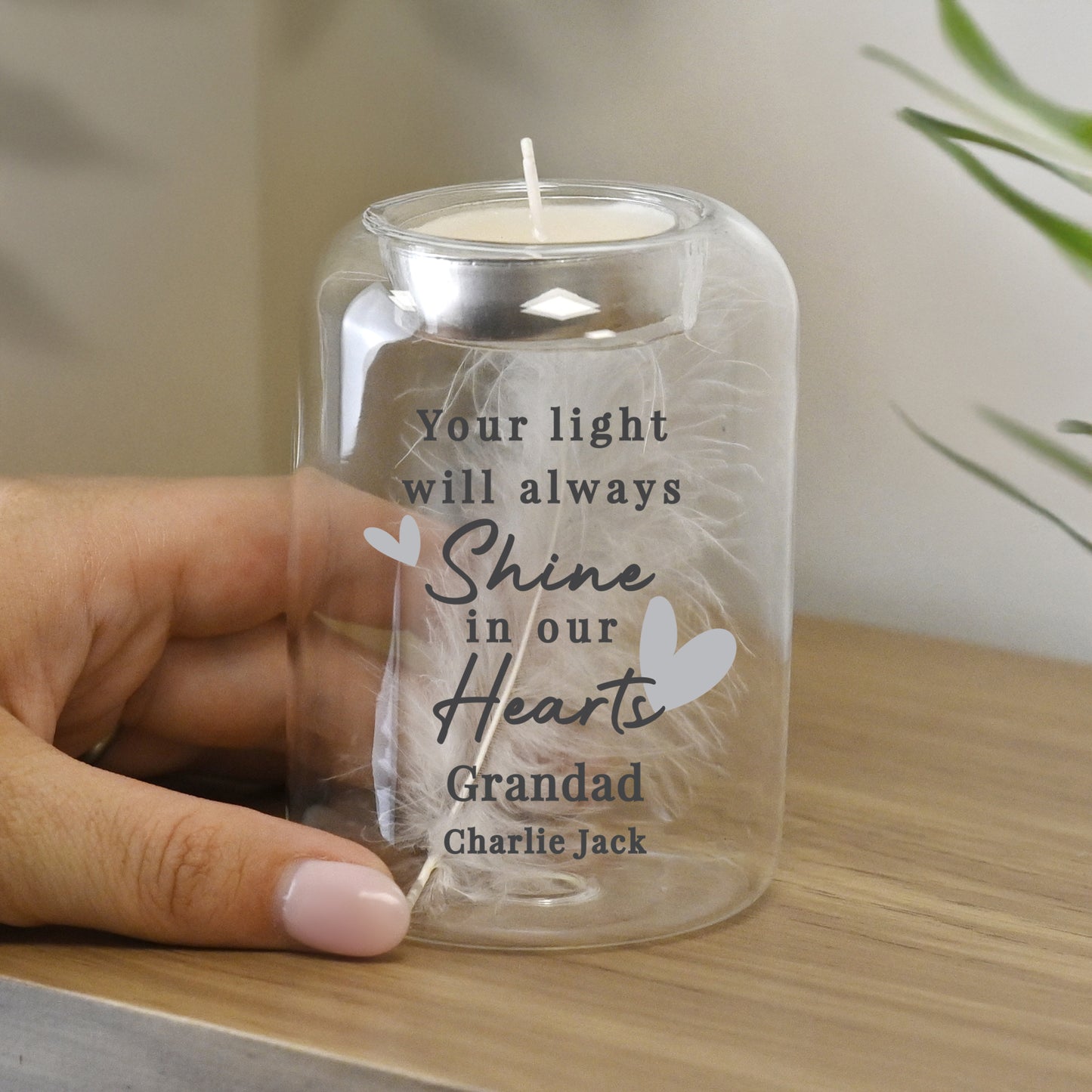 Personalised In Our Hearts Memorial Feather Tealight Holder