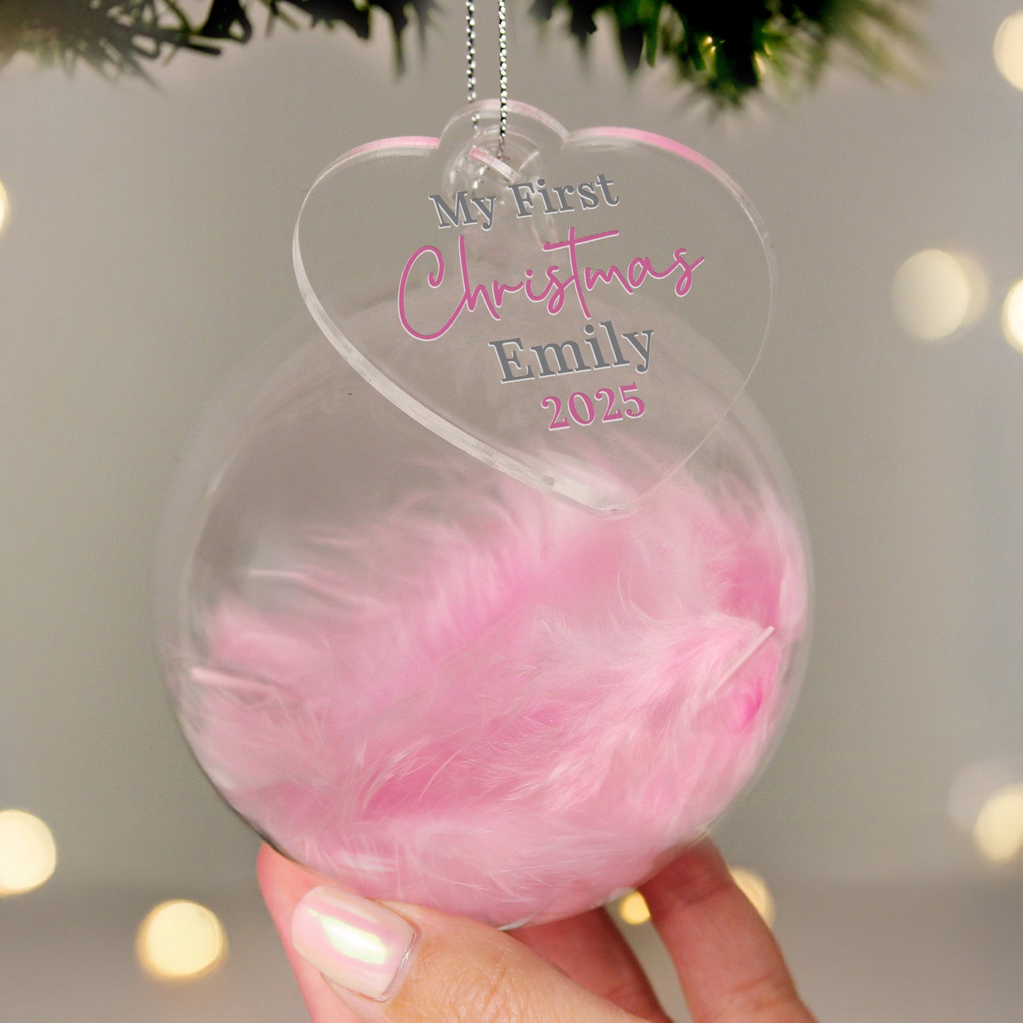 Personalised My 1st Christmas Pink Feather Bauble