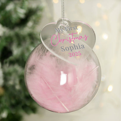 Personalised My 1st Christmas Pink Feather Bauble