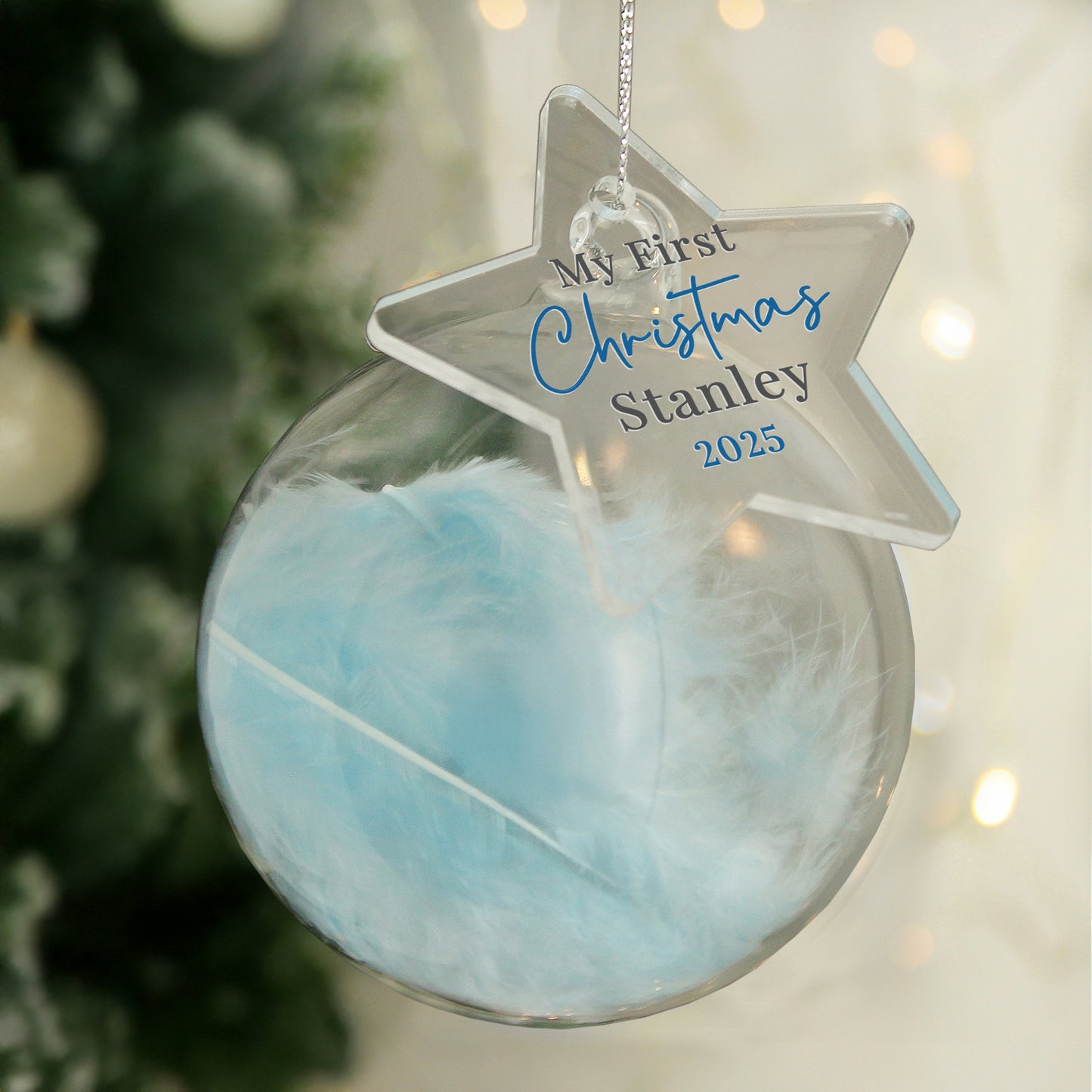 Personalised My 1st Christmas Blue Feather Bauble