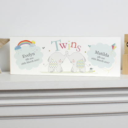 Personalised Hessian Elephant Twins Wooden Mantel Decoration