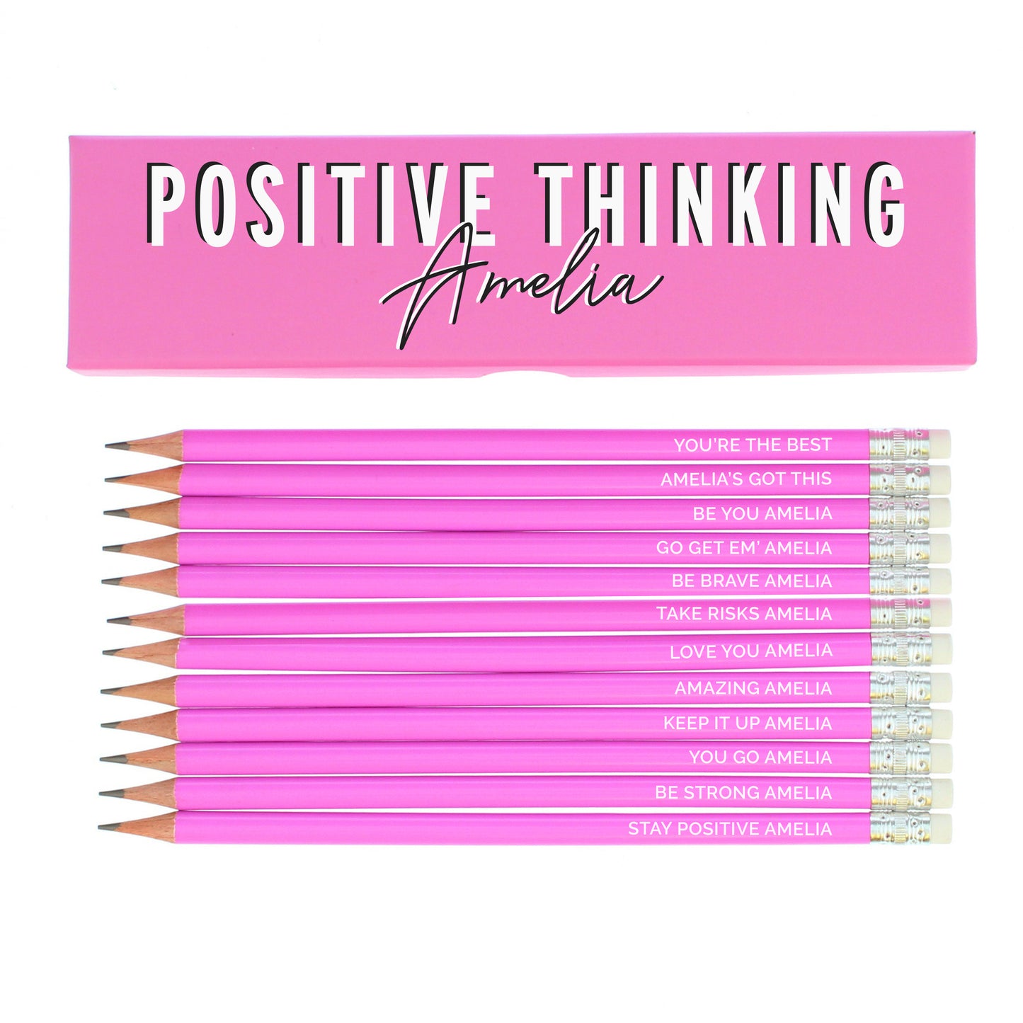 Personalised Positive Thinking Box and 12 Pink HB Pencils