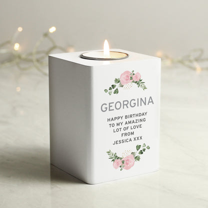 Personalised Abstract Rose White Wooden Tea light Holder