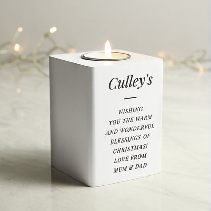 Personalised Free Text White Wooden Tea light Holder