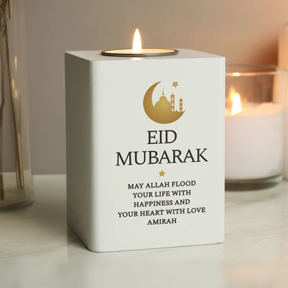 Personalised Eid and Ramadan White Wooden Tea light Holder