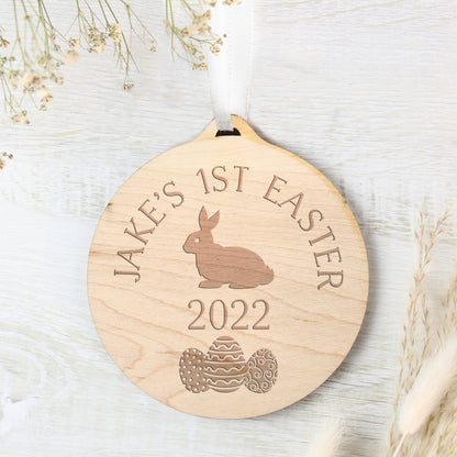 Personalised Easter Bunny Round Wooden Decoration