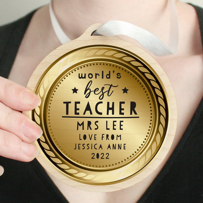 Personalised WorldåÕs Best Teacher Round Wooden Medal
