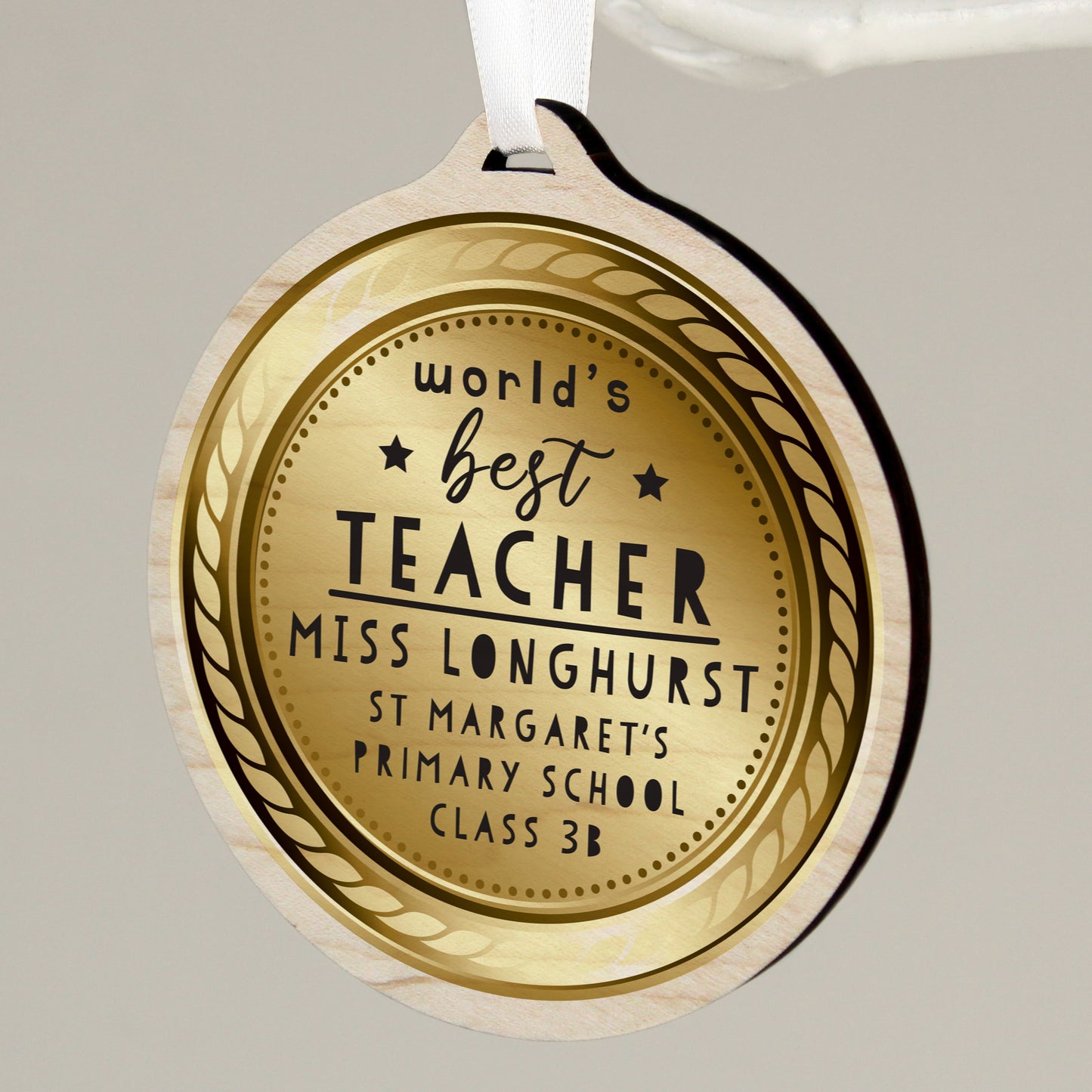 Personalised WorldåÕs Best Teacher Round Wooden Medal