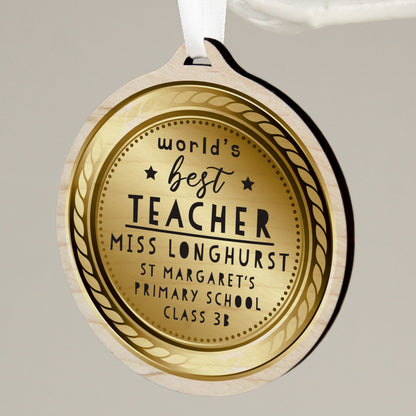 Personalised WorldåÕs Best Teacher Round Wooden Medal