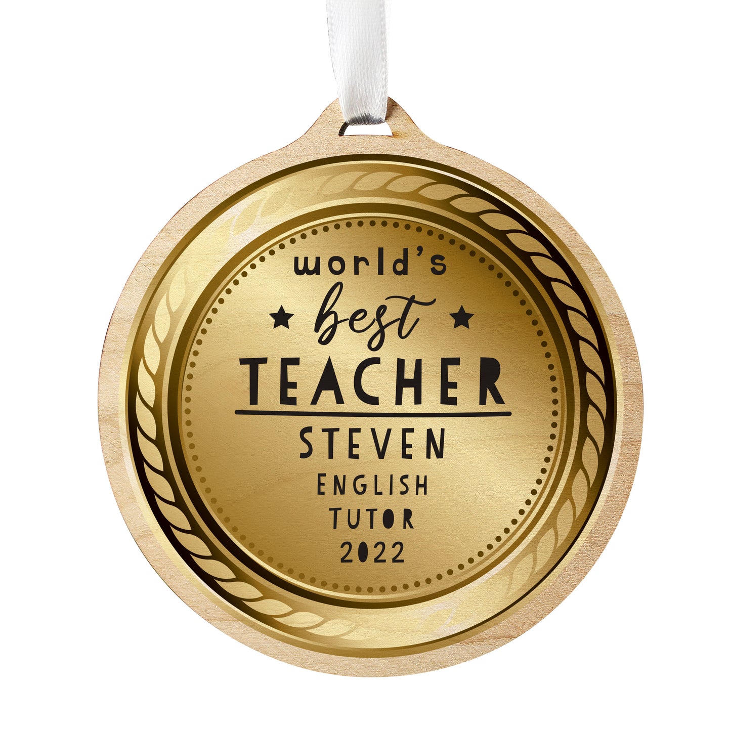 Personalised WorldåÕs Best Teacher Round Wooden Medal
