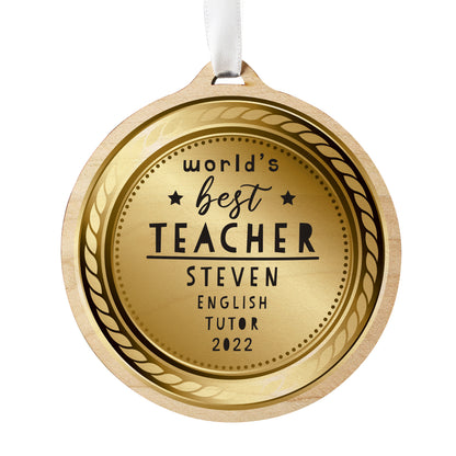 Personalised WorldåÕs Best Teacher Round Wooden Medal