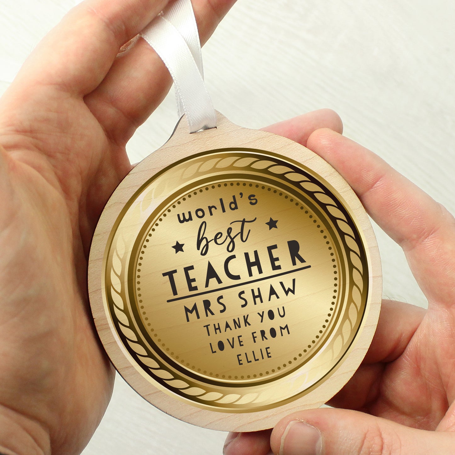 Personalised WorldåÕs Best Teacher Round Wooden Medal