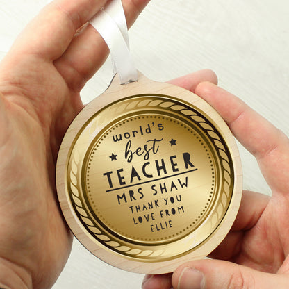 Personalised WorldåÕs Best Teacher Round Wooden Medal