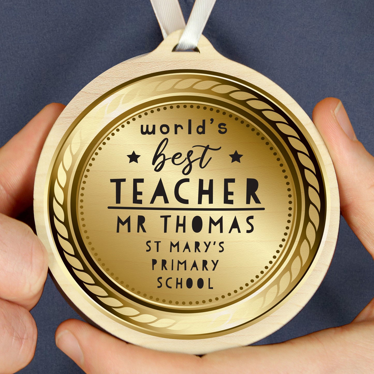 Personalised WorldåÕs Best Teacher Round Wooden Medal