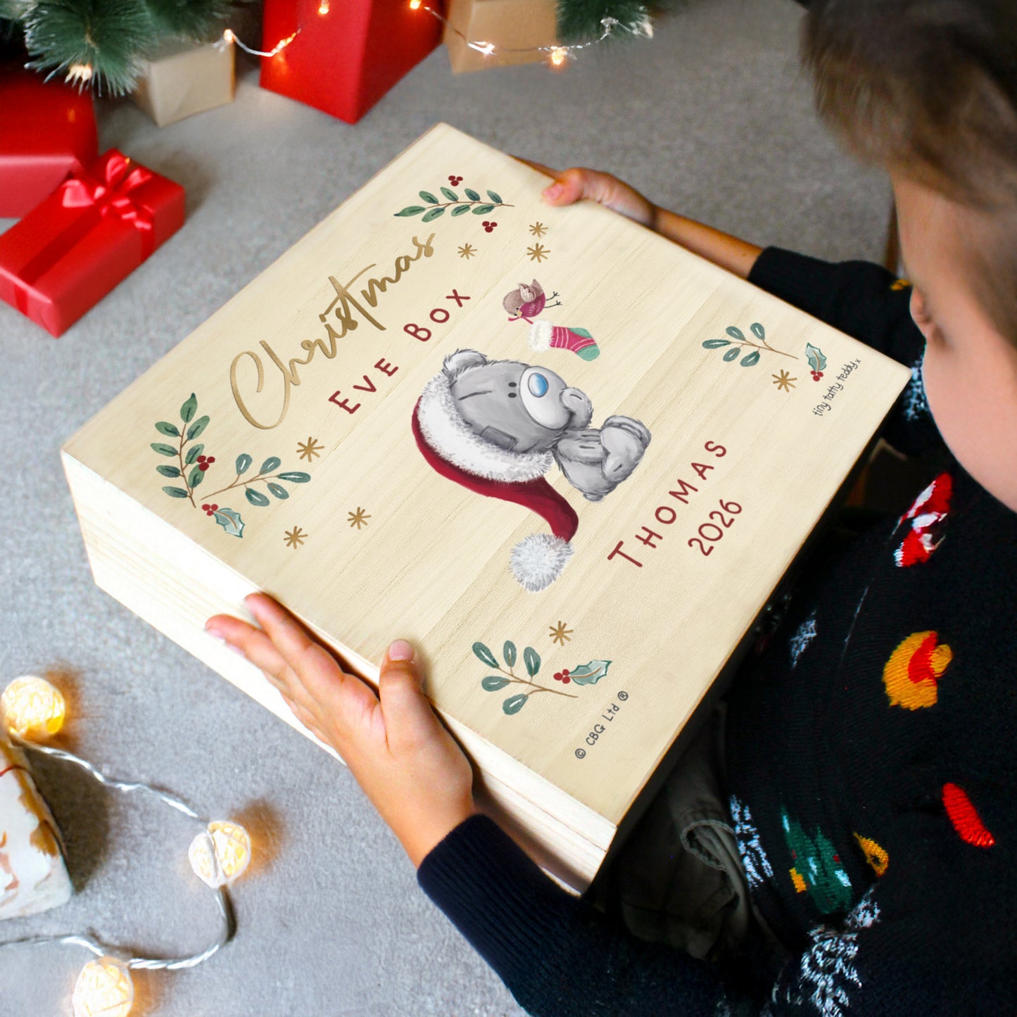 Personalised Winter Christmas Eve Tiny Tatty Teddy Large Wooden Keepsake Box