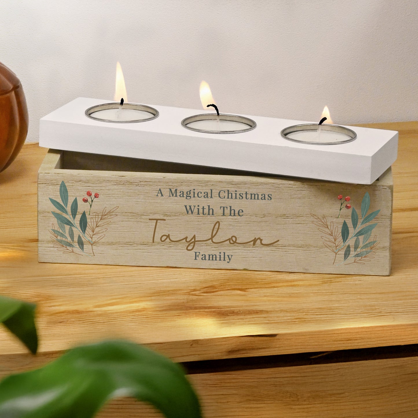 Personalised Christmas Foliage Triple Tea Light Box