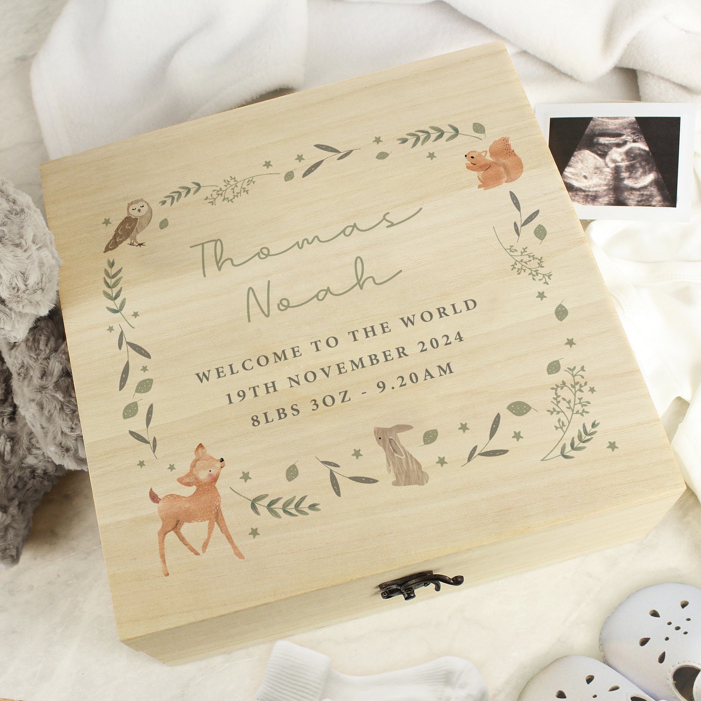 Personalised Woodland Animal Large Wooden Keepsake Box - 28 x 28cm
