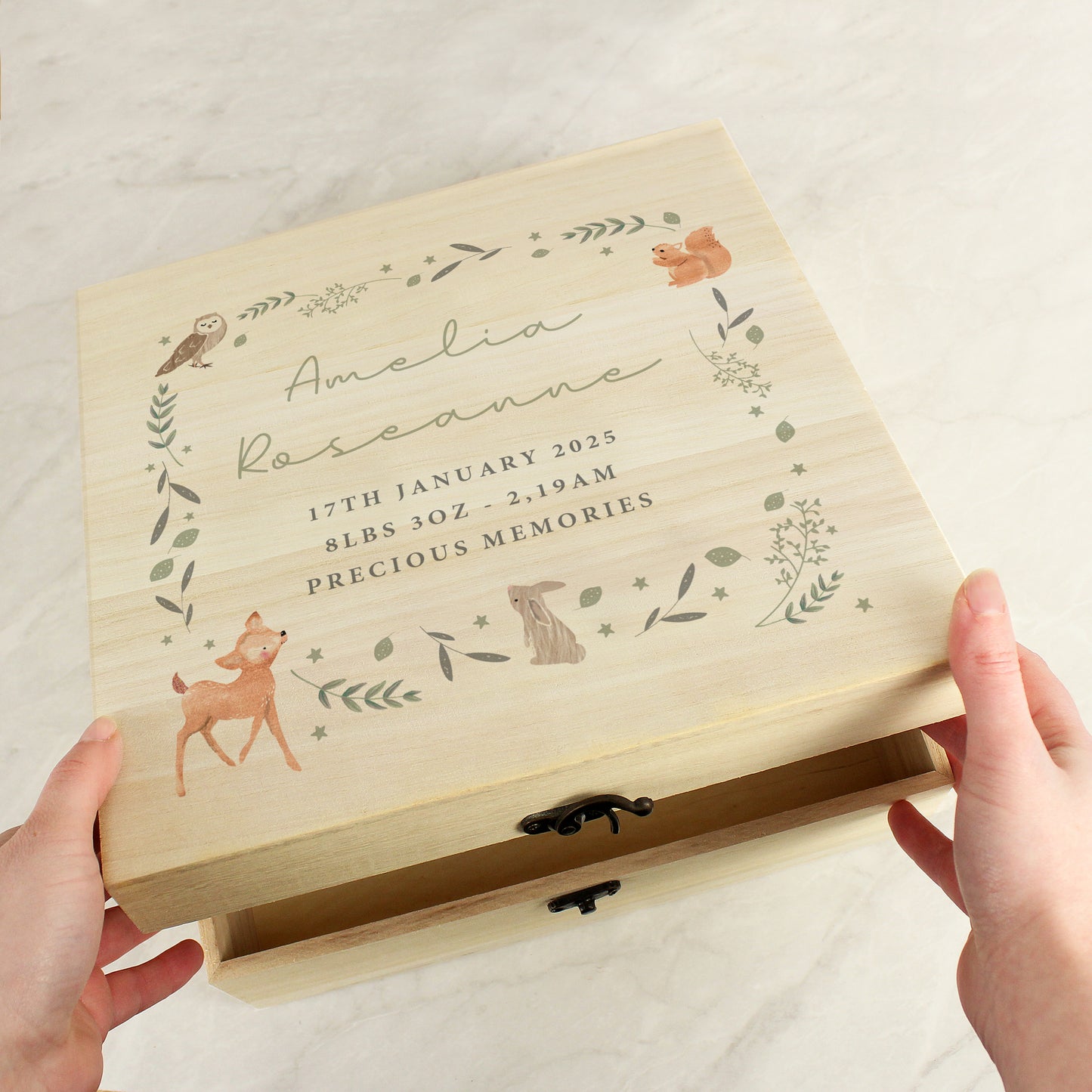 Personalised Woodland Animal Large Wooden Keepsake Box - 28 x 28cm