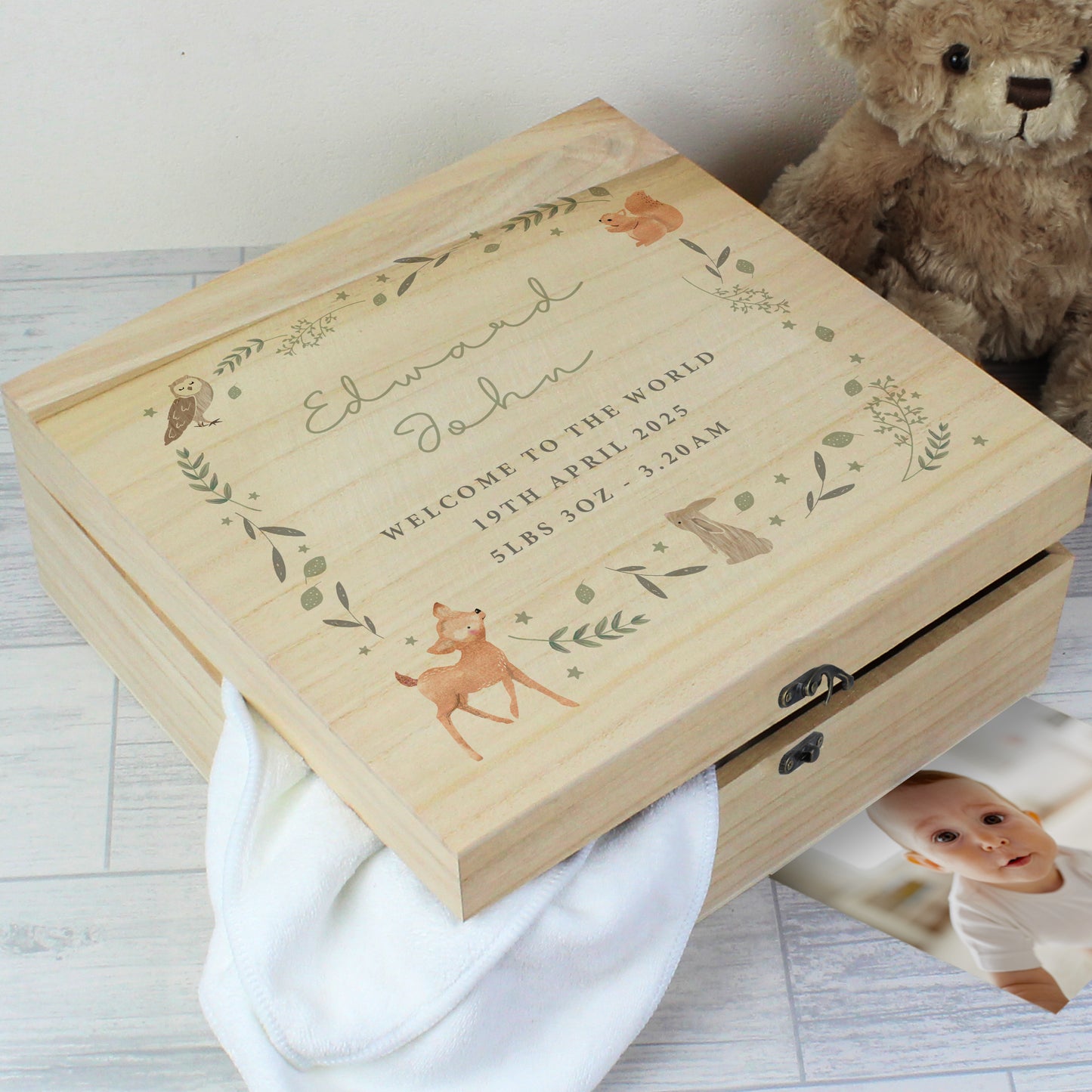 Personalised Woodland Animal Large Wooden Keepsake Box - 28 x 28cm