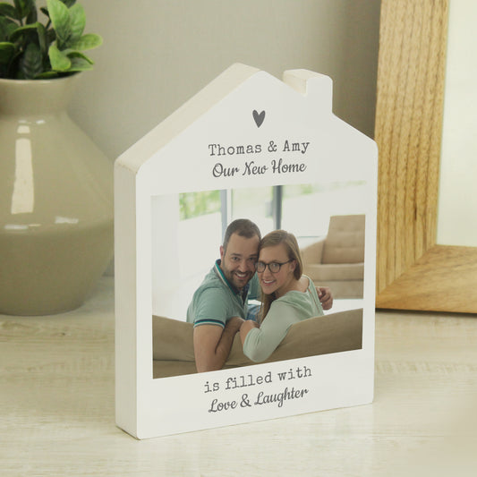 Personalised Grey Heart Photo Upload Wooden House Ornament