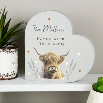 Personalised Highland Cow Wooden Heart Ornament
