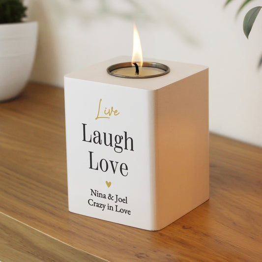 Personalised Black & Gold Free Text White Wooden Tealight