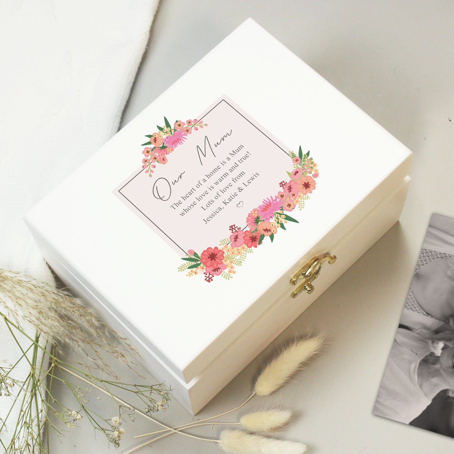 Personalised Floral Wishes White Wooden Keepsake Box - 22 x 16cm