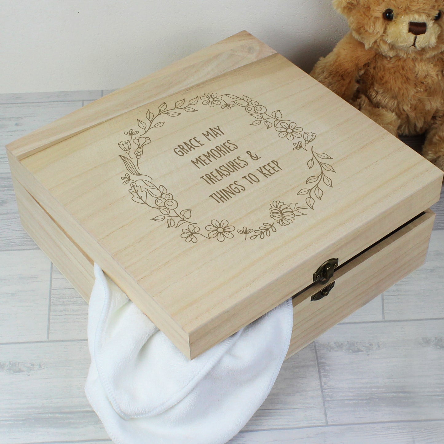 Personalised Floral Wreath Large Wooden Keepsake Box - 28 x 28cm
