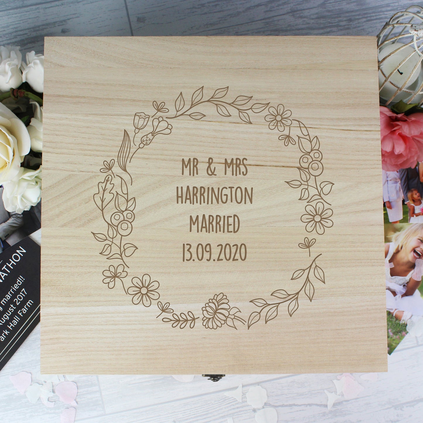 Personalised Floral Wreath Large Wooden Keepsake Box - 28 x 28cm