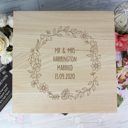 Personalised Floral Wreath Large Wooden Keepsake Box - 28 x 28cm