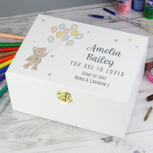 Personalised Teddy & Balloons White Wooden Keepsake Box - 22 x 16cm