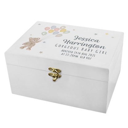 Personalised Teddy & Balloons White Wooden Keepsake Box - 22 x 16cm