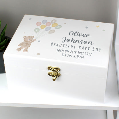 Personalised Teddy & Balloons White Wooden Keepsake Box - 22 x 16cm