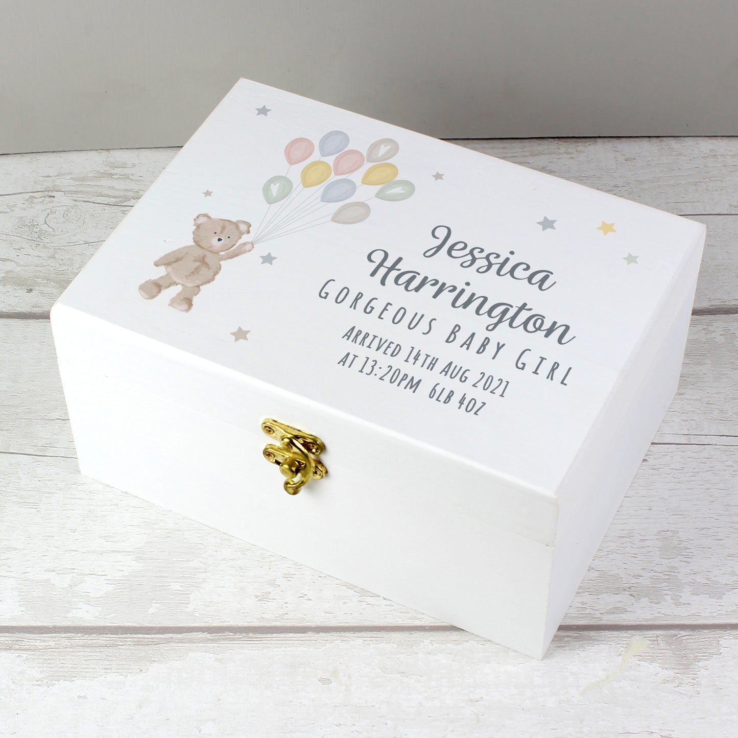 Personalised Teddy & Balloons White Wooden Keepsake Box - 22 x 16cm
