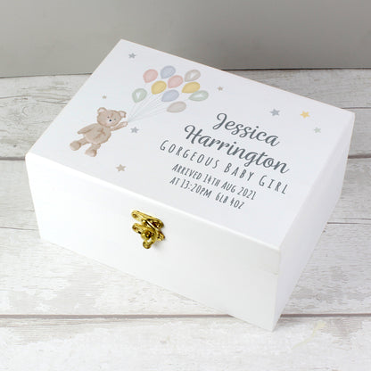 Personalised Teddy & Balloons White Wooden Keepsake Box - 22 x 16cm