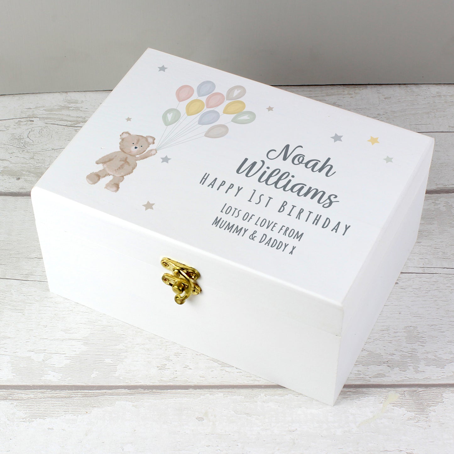 Personalised Teddy & Balloons White Wooden Keepsake Box - 22 x 16cm