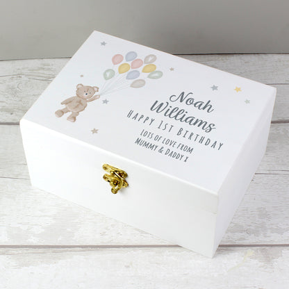 Personalised Teddy & Balloons White Wooden Keepsake Box - 22 x 16cm
