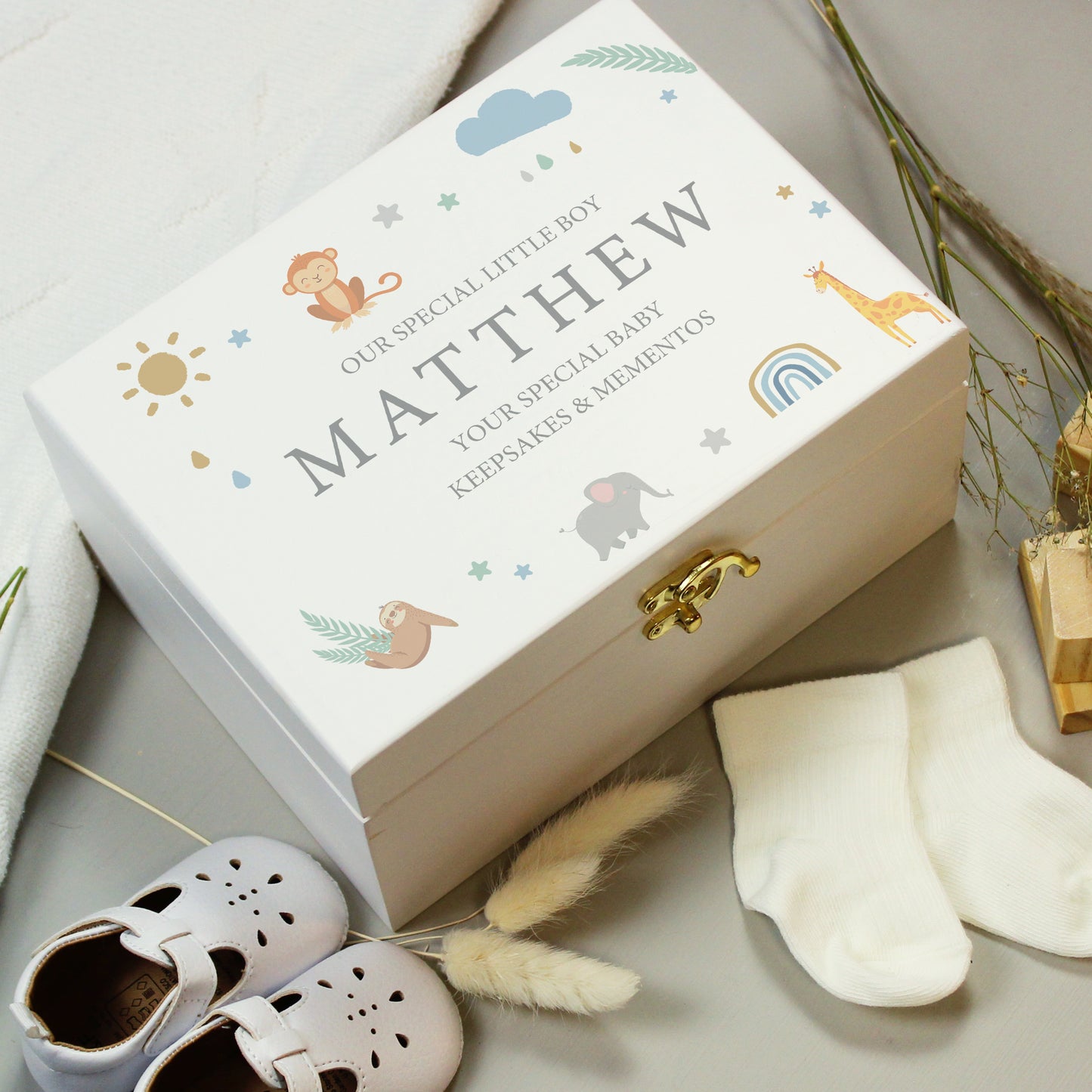 Personalised Safari Animals White Wooden Keepsake Box - 22 x 16cm